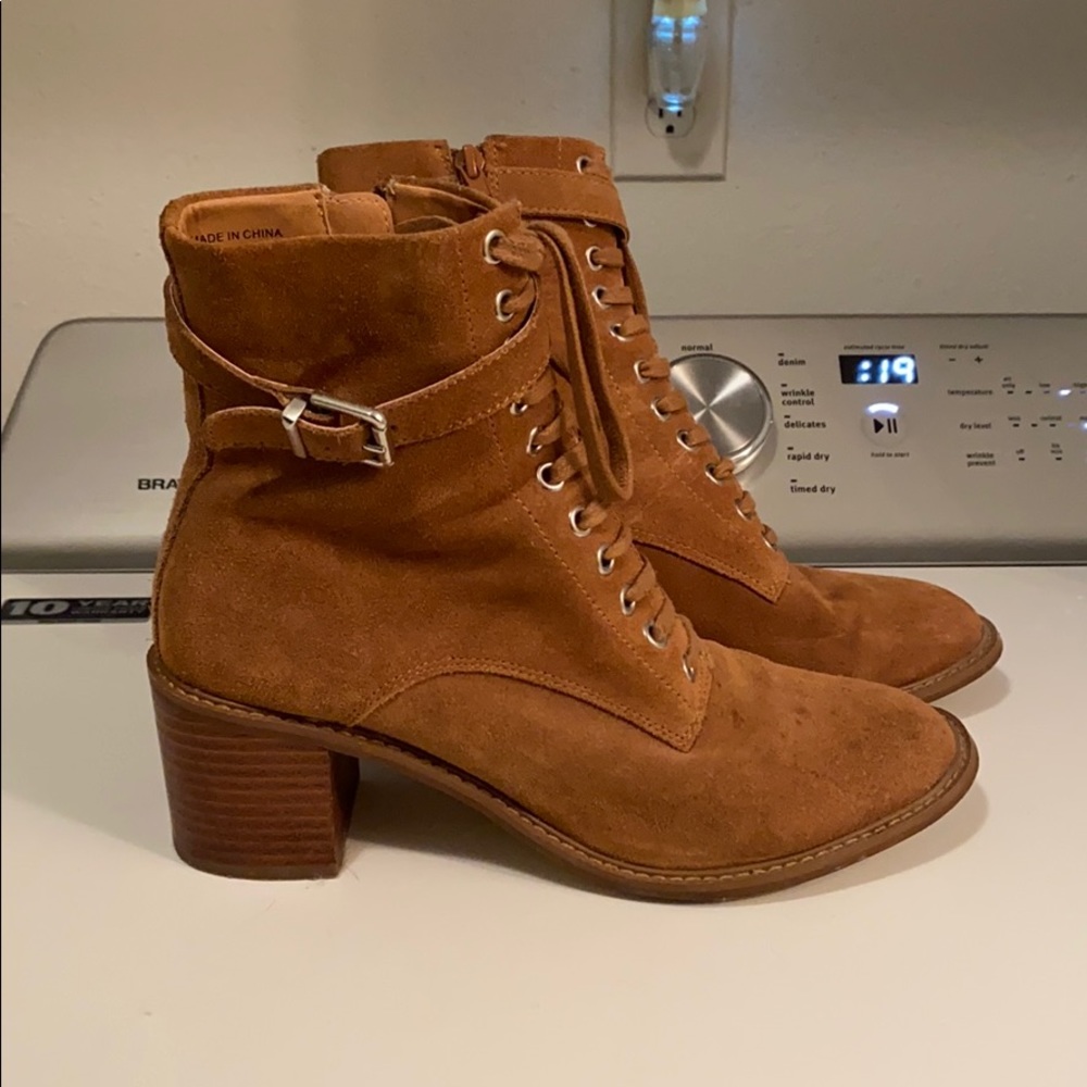 Brown suede booties.